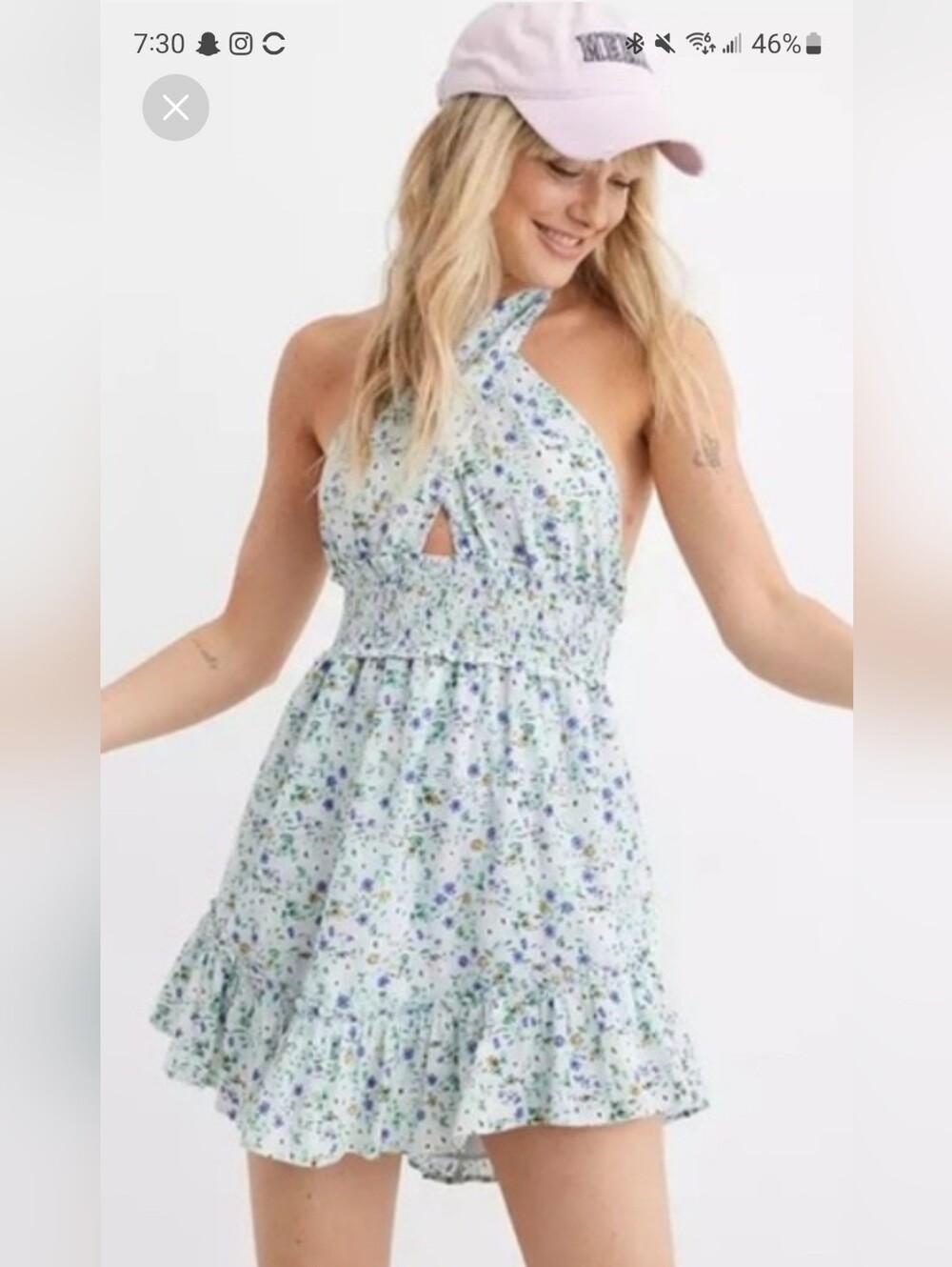 Aerie Light Blue Floral Halter Ruffle Mini Dress